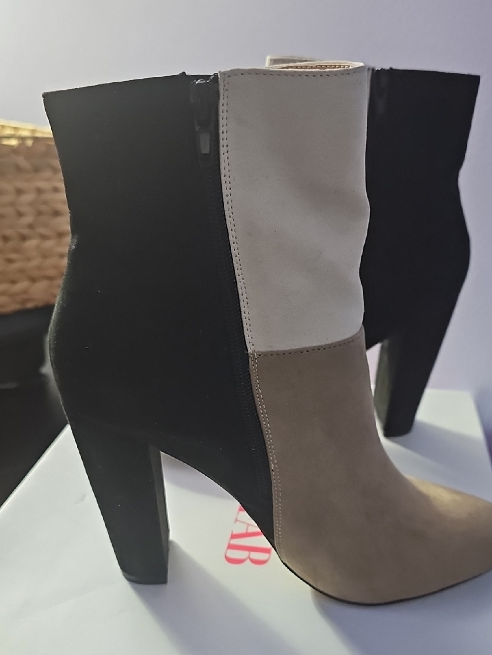 JustFab Tri-Panel Suede Block Heel Ankle Boots - Black, Taupe & Cream